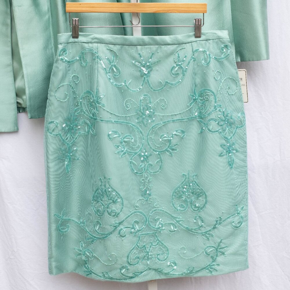 Jovani NY 3 Pc‎ Silk Wool Set 18M Aquamarine Blazer Tank Lace Skirt Beaded NWT - Picture 5 of 16